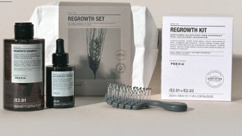 Previa ExtraLife Regrowth kit - Shampoo Regrowth 350ml - Regrowth treatment 100ml - The Virtous Rocket Brush - Beauty Case